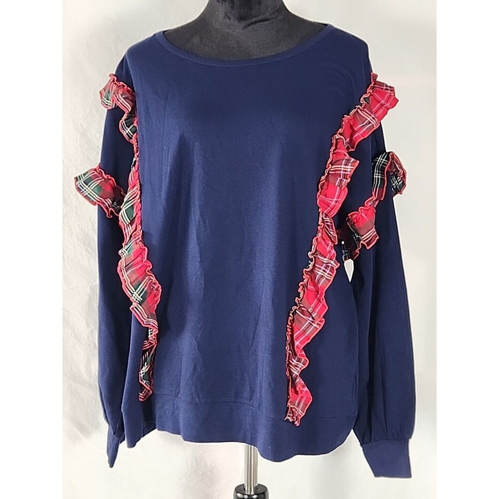 Crown & Ivy Curvy Pullover Plaid Ruffle Blouse Long Sleeve Blue Top Plus Size 2X